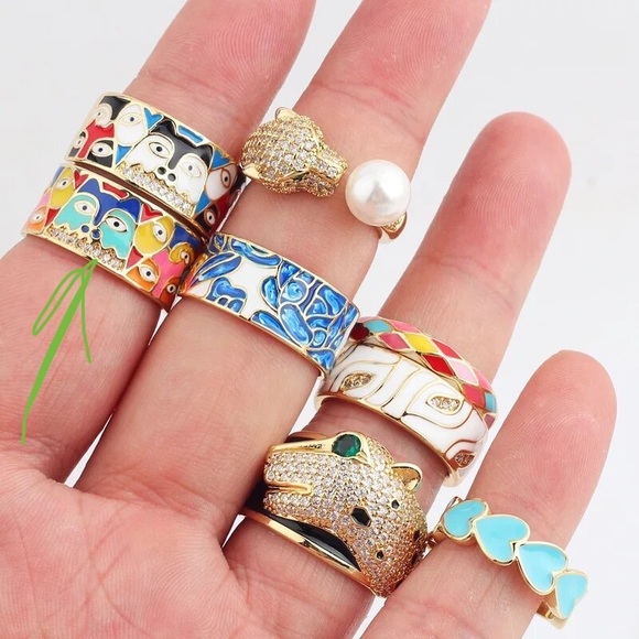 Anthropologie Jewelry - Anthro Silver Gold Ornament Boho Enamel Cats Wide Ring Jewelry Dopamine